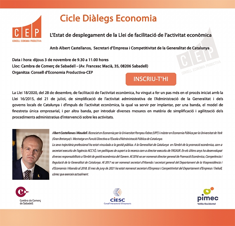 Cicle Diàlegs Economia. L'Estat de la Llei de facilitació de l'activitat econòmica.