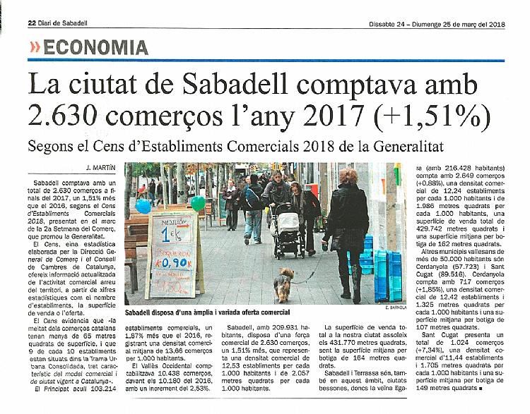 La ciutat de Sabadell comptava amb 2.630 comerços l'any 2017 (+1,51%)